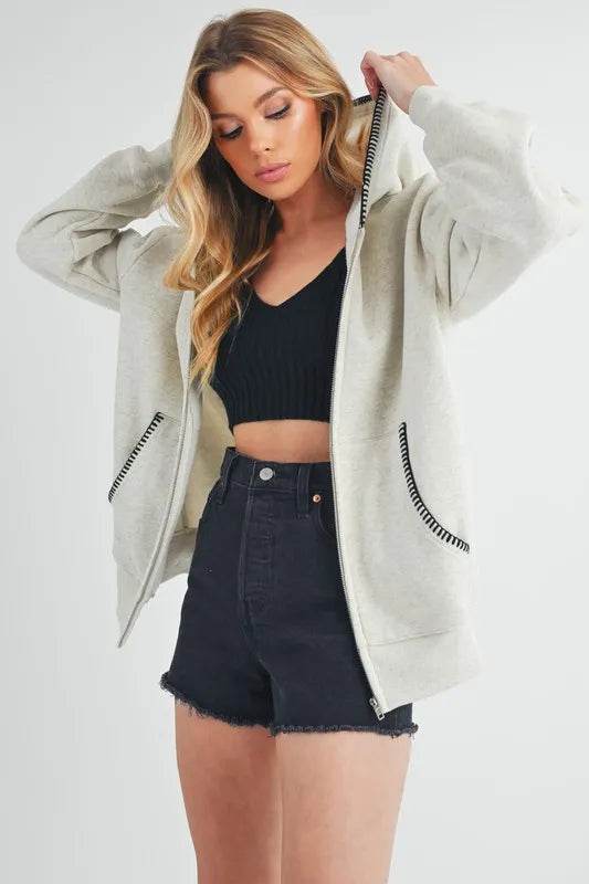 Aemi + Co Contrast Trim Zip Up Hoodie Jacket - Shop Style & More | Fresh Looks, Everyday Deals & Free Shipping