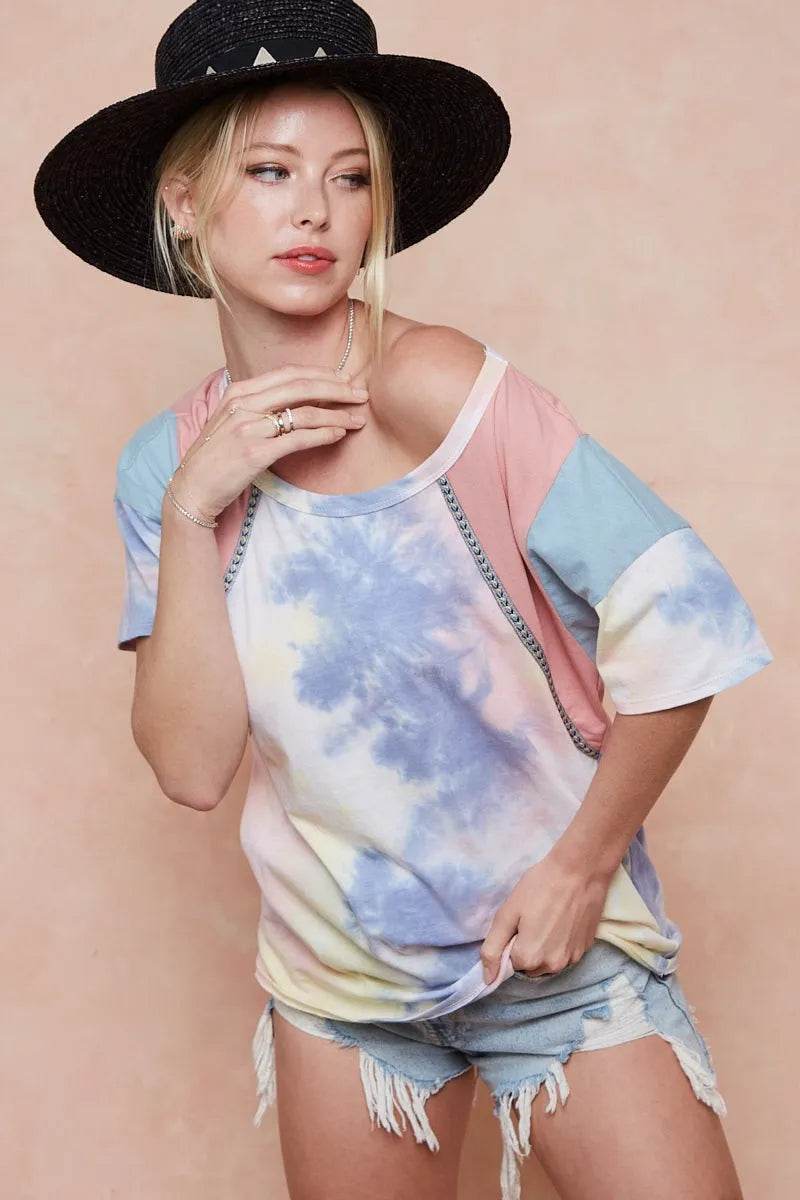 BiBi Tie Dye Printed Cotton Color Block T-Shirt - Shop Style & More | Fresh Looks, Everyday Deals & Free Shipping