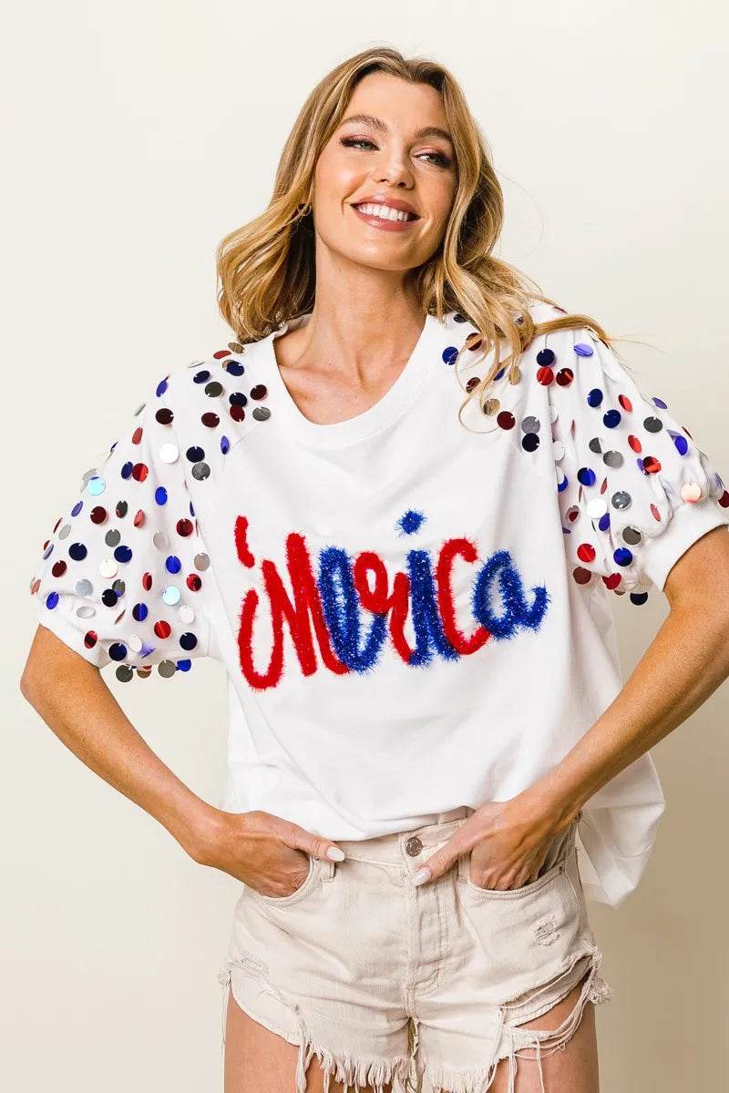 BiBi Metallic Letter Spangle Raglan Puff Sleeve Top - Shop Style & More | Fresh Looks, Everyday Deals & Free Shipping