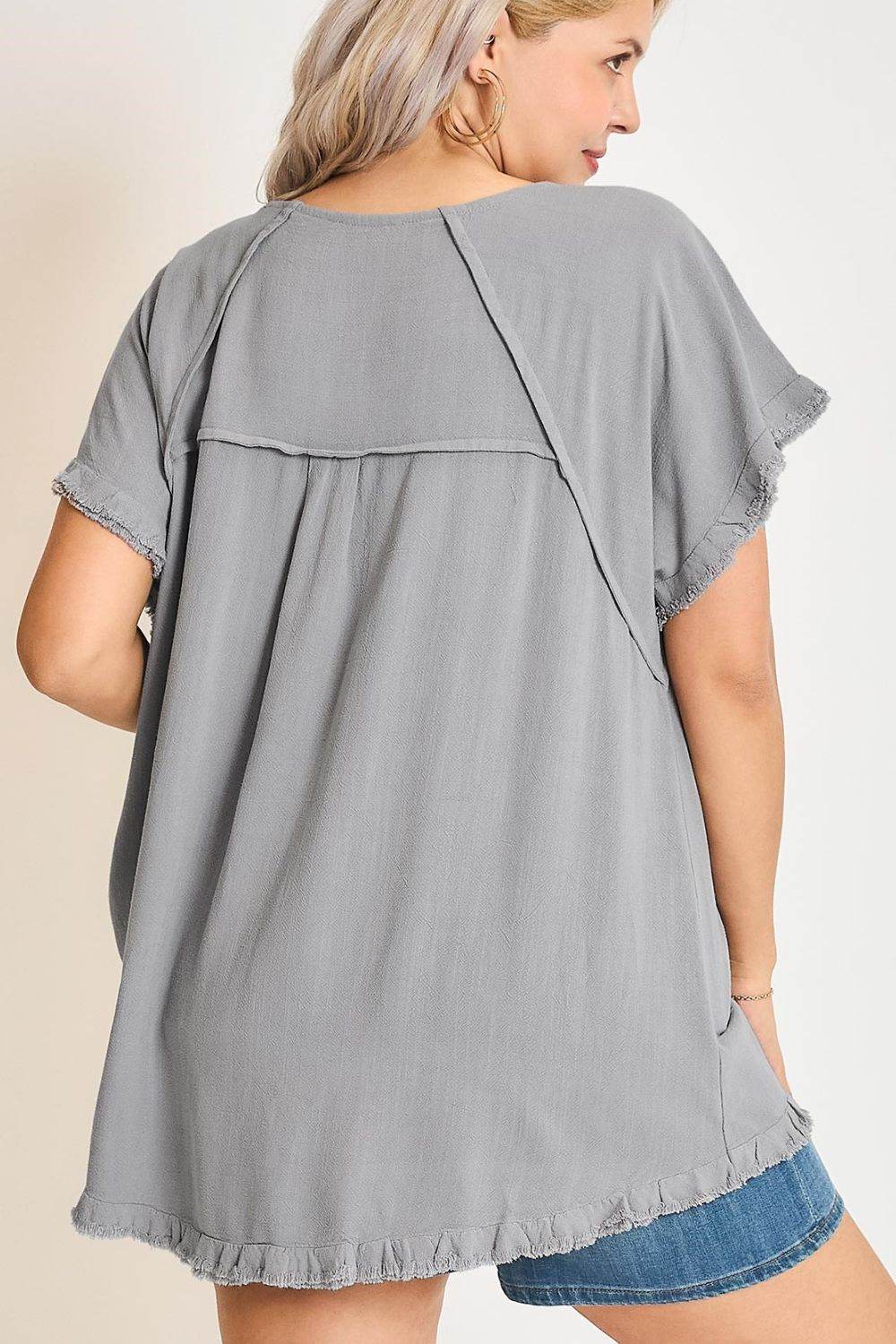 Umgee Full Size Seam Detail Linen Ruffle Fringe Edge Top Plus Size - Shop Style & More | Fresh Looks, Everyday Deals & Free Shipping