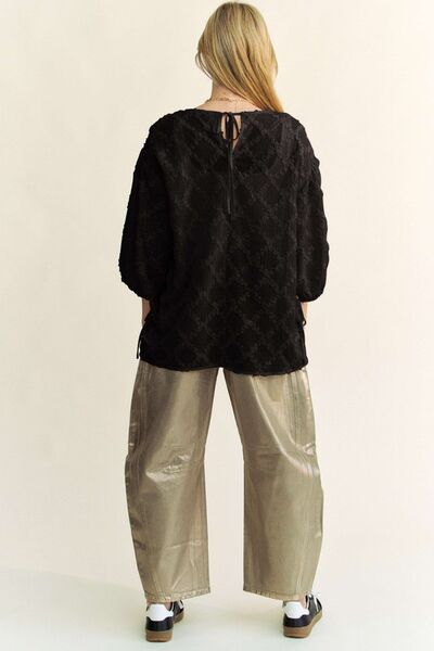 Davi & Dani Tied Round Neck Mesh Blouse Blouses