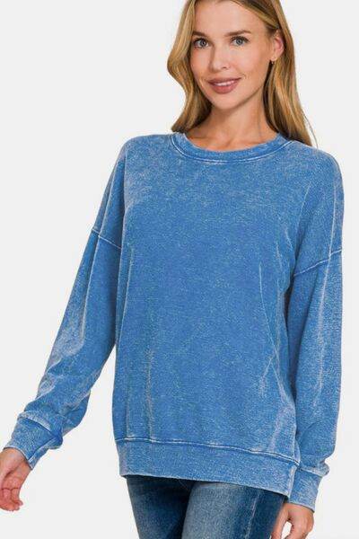 Zenana Washed Round Neck Dropped Shoulder Sweatshirt - Shop Style & More | Fresh Looks, Everyday Deals & Free Shipping