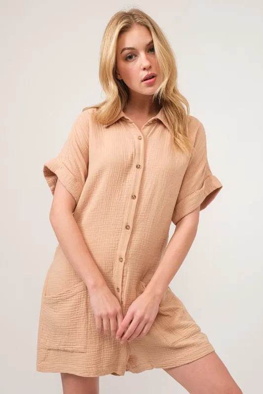 And The Why Washed Gauze Roll-up Sleeve Comfort Utility Romper - Shop Style & More | Fresh Looks, Everyday Deals & Free Shipping