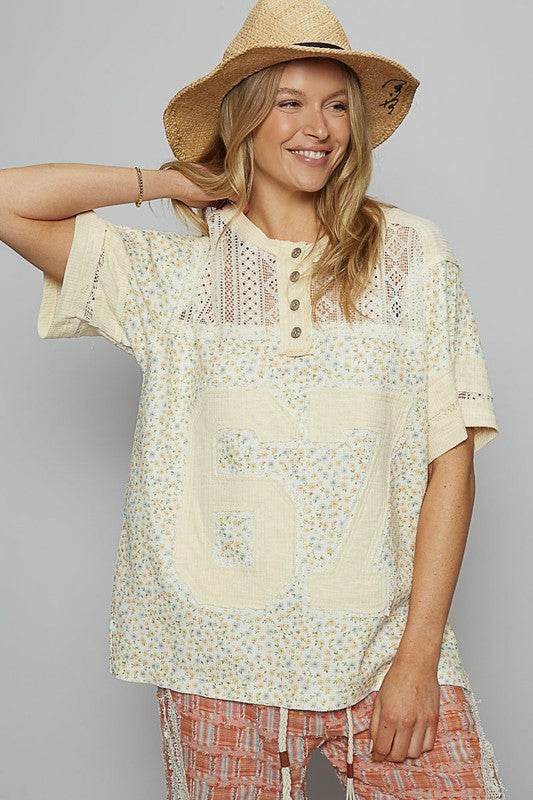POL Number Floral Crochet Button Detail Half Sleeve Top - Shop Style & More | Fresh Looks, Everyday Deals & Free Shipping