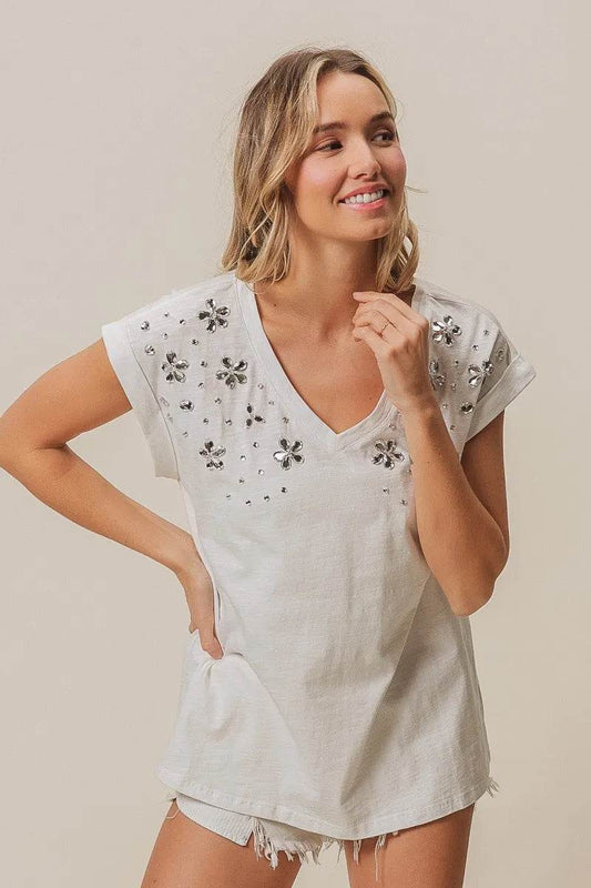 BiBi Slub Jersey Rhinestone V Neck Top - Shop Style & More | Fresh Looks, Everyday Deals & Free Shipping