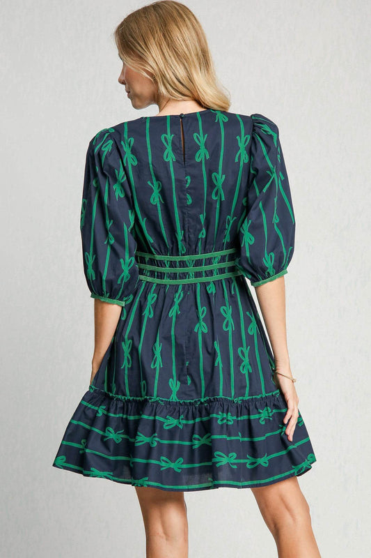 Umgee Ribbon Print Frill Contrast Velvet Trim Half Sleeve Dress - Shop Style & More | Fresh Looks, Everyday Deals & Free Shipping