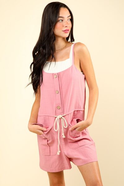 VERY J Half Button Drawstring Sleeveless Romper Blush Jumpsuits