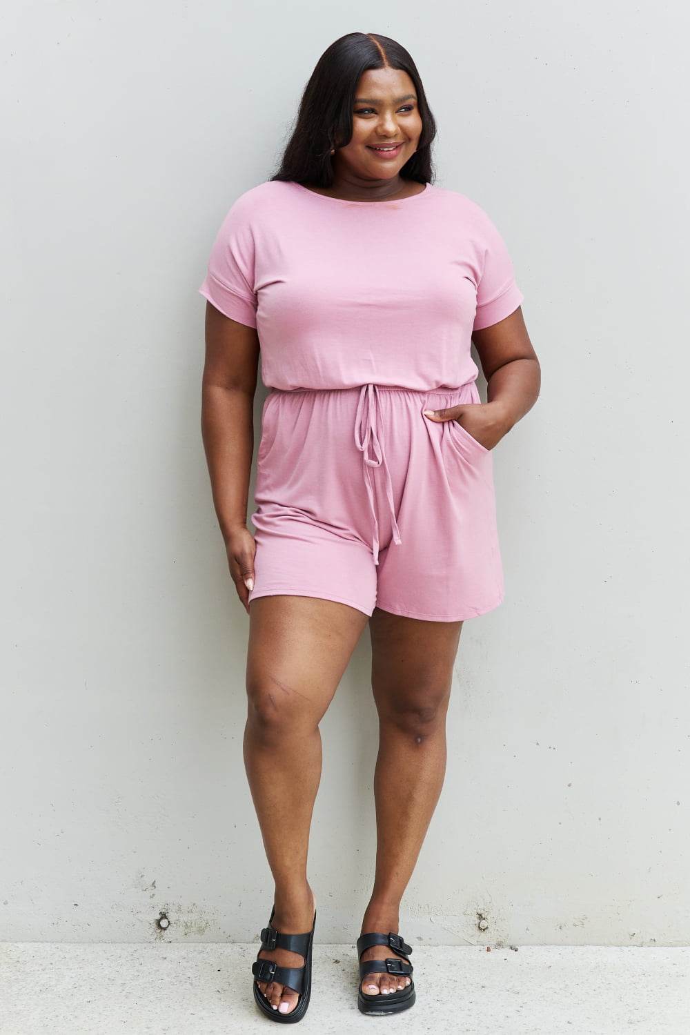 Zenana Chilled Out Full Size Short Sleeve Romper in Light Carnation Pink - Shop Style & More | Fresh Looks, Everyday Deals & Free Shipping