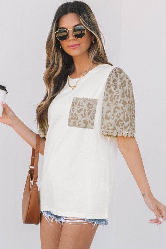 Leona Leopard Lace Trim Puff Sleeve Top - Shop Style & More | Fresh Looks, Everyday Deals & Free Shipping