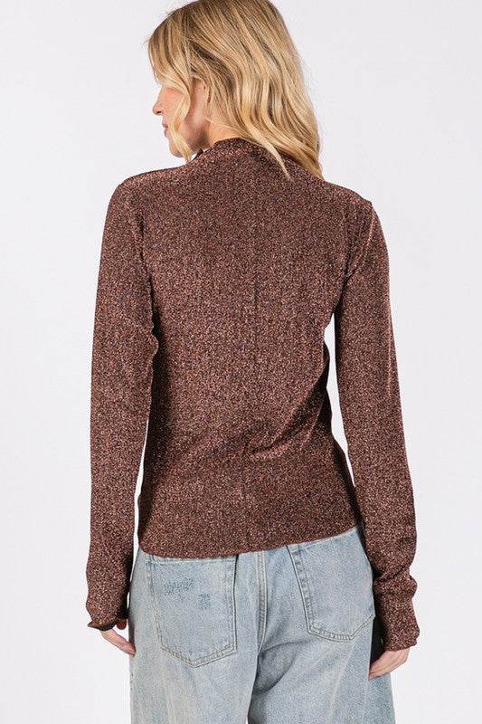 SAGE + FIG Glitter Mock Neck Lettuce Hem Long Sleeve Top - Shop Style & More | Fresh Looks, Everyday Deals & Free Shipping