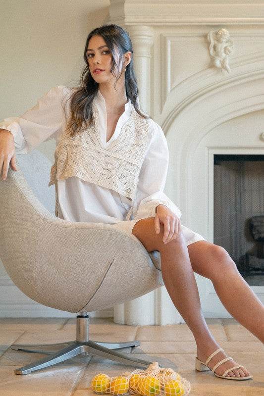 Annie Wear Crochet Vest Shirt Dress with Notched Long Sleeves - Shop Style & More | Fresh Looks, Everyday Deals & Free Shipping