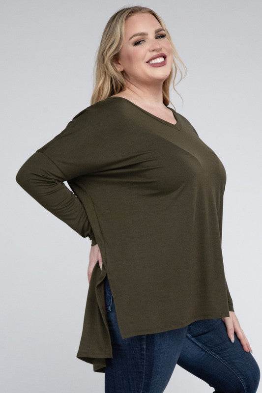 Plus Dolman Sleeve V-Neck Side Slit Hi-Low Hem Top - Shop Style & More | Fresh Looks, Everyday Deals & Free Shipping