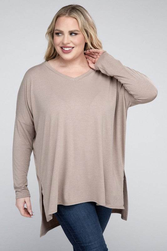 Plus Dolman Sleeve V-Neck Side Slit Hi-Low Hem Top - Shop Style & More | Fresh Looks, Everyday Deals & Free Shipping