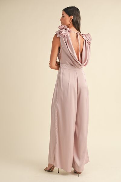 MABLE 3D Floral Applique Deep Cowl Neck Jumpsuit Jumpsuits