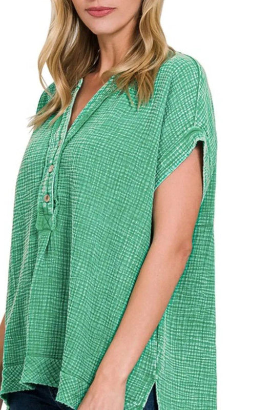 Zenana Washed Double Gauze 3/4 Button Henley Neck Shirt - Shop Style & More | Fresh Looks, Everyday Deals & Free Shipping
