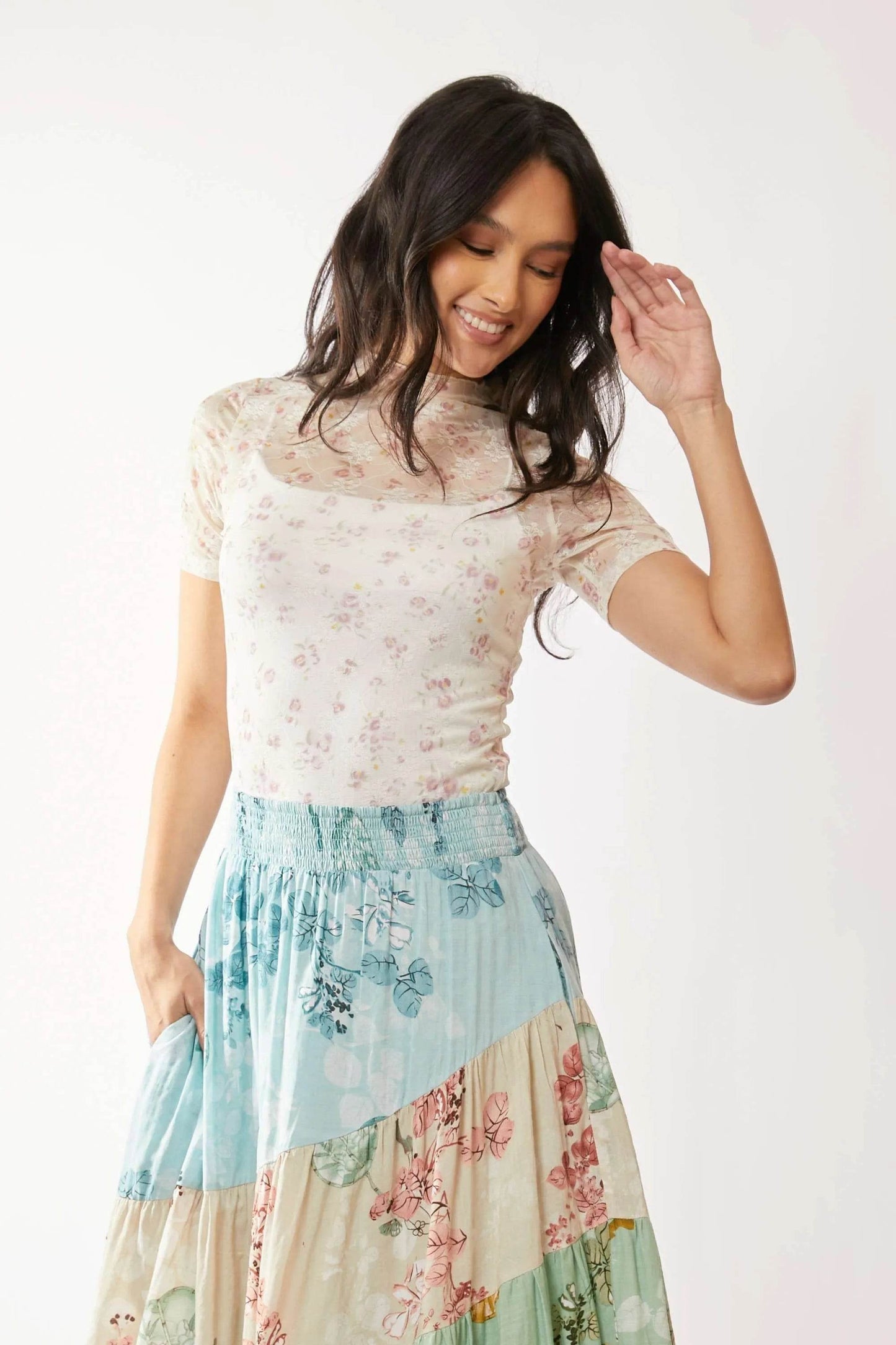 Davi & Dani Floral Mesh Mock Neck Short Sleeve Top - Shop Style & More | Fresh Looks, Everyday Deals & Free Shipping