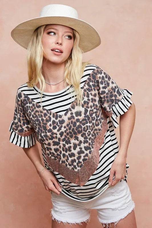 BiBi Stripe Rayon Span Knit Color Block Top With Leopard - Shop Style & More | Fresh Looks, Everyday Deals & Free Shipping