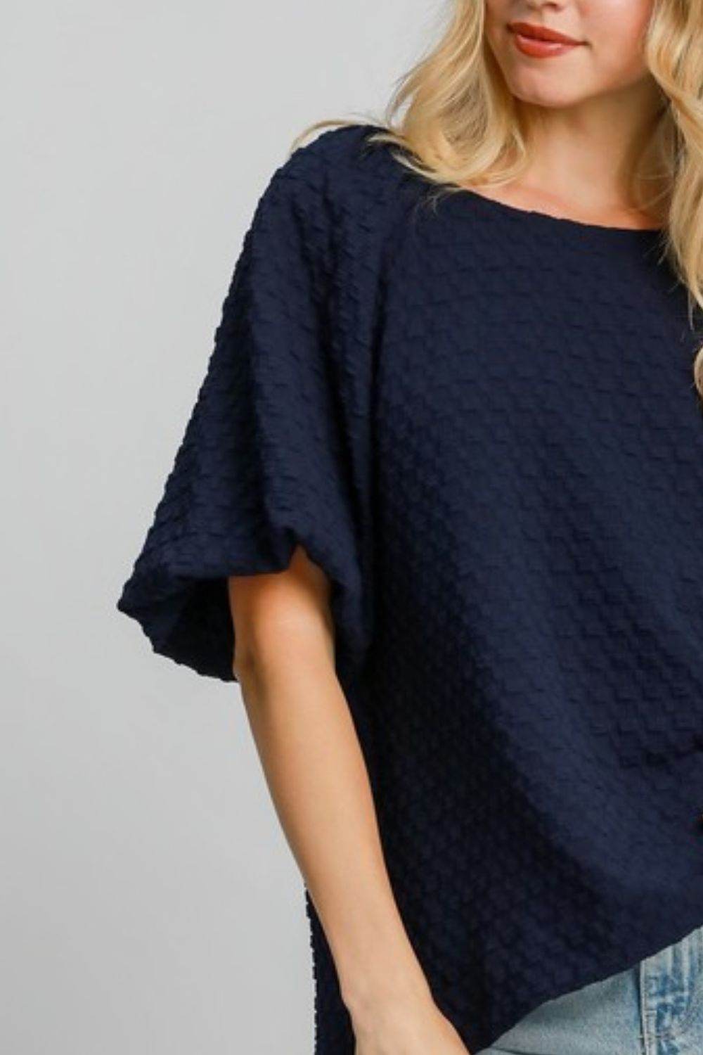 Umgee Full Size Boxy Cut Jacquard Round Neck Top with Side Slit Plus Size - Shop Style & More | Fresh Looks, Everyday Deals & Free Shipping