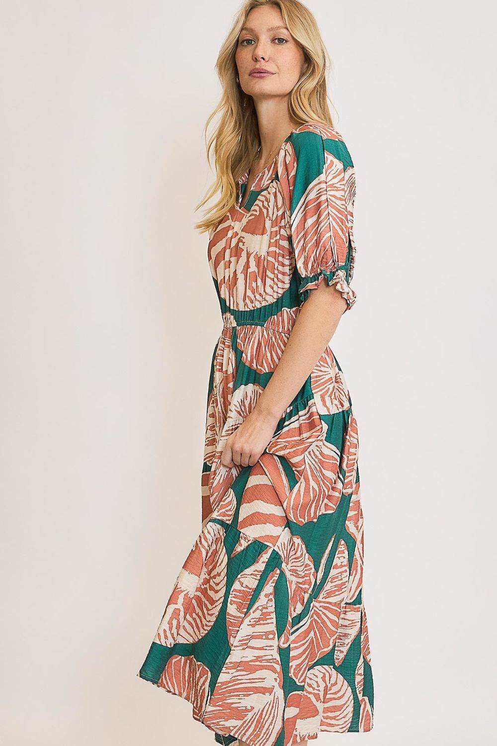 Umgee Full Size Printed Notched Puff Sleeve Midi Dress Plus Size - Shop Style & More | Fresh Looks, Everyday Deals & Free Shipping