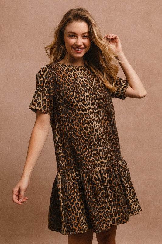 BiBi Tie Back Leopard Round Neck Short Sleeve Dress - Shop Style & More | Fresh Looks, Everyday Deals & Free Shipping