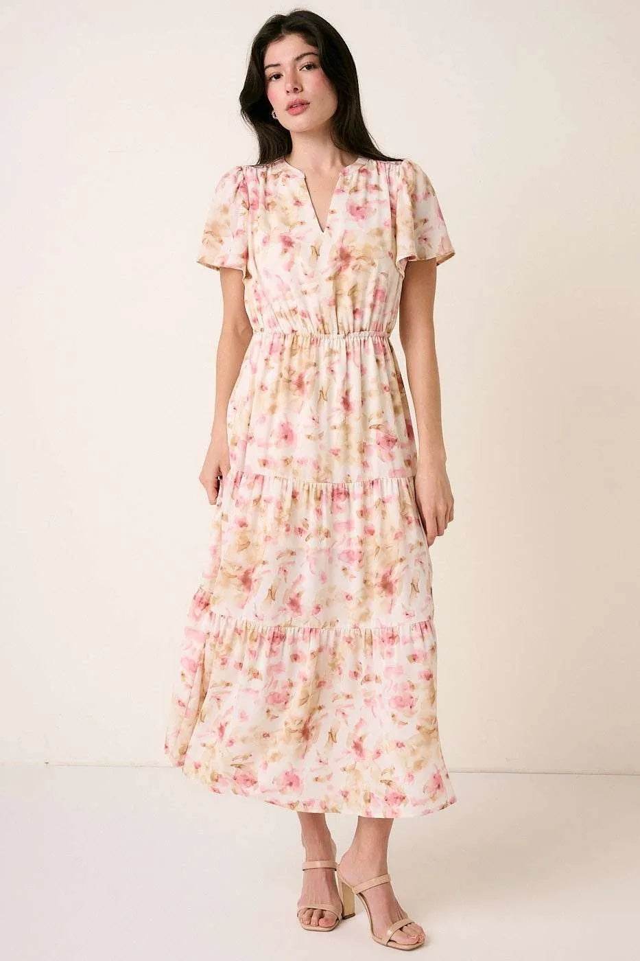 Mittoshop Flower Print Flutter Sleeve V Slit Maxi Dress - Shop Style & More | Fresh Looks, Everyday Deals & Free Shipping