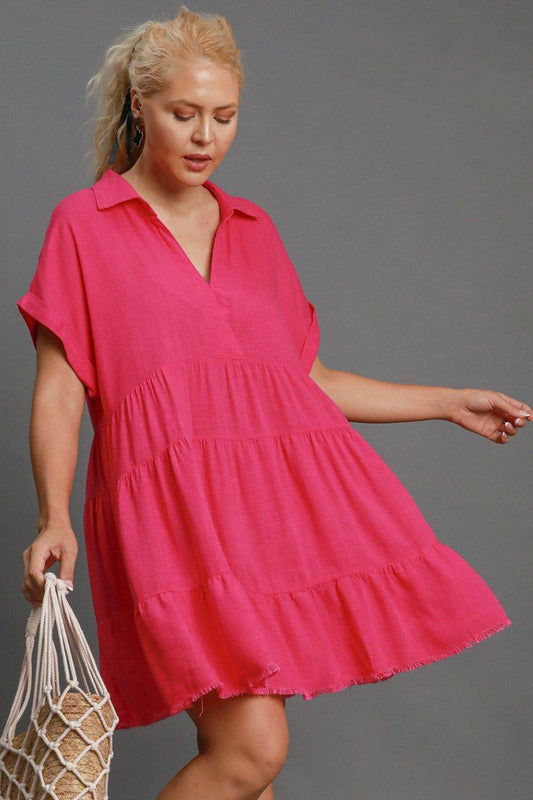 Umgee Full Size Raw Hem Folded Sleeve Tiered Dress Plus Size - Shop Style & More | Fresh Looks, Everyday Deals & Free Shipping