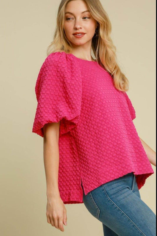 Umgee Full Size Boxy Cut Jacquard Round Neck Top with Side Slit Plus Size - Shop Style & More | Fresh Looks, Everyday Deals & Free Shipping