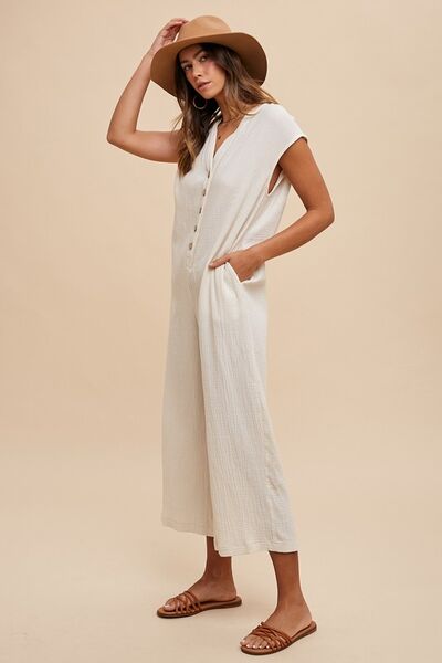 Annie Wear Wide Leg Jumpsuit with Button Detail and Pockets Jumpsuits