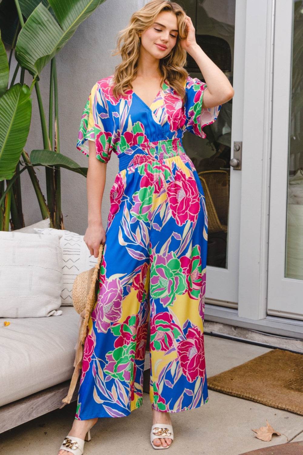 ODDI Full Size Floral Smocked Tied Back Jumpsuit - Shop Style & More | Fresh Looks, Everyday Deals & Free Shipping