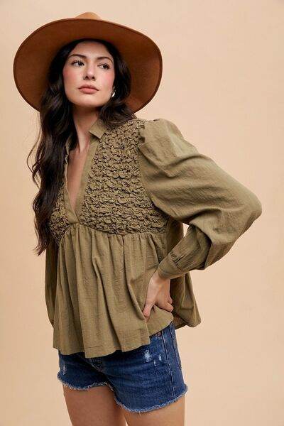 Annie Wear Smocked Front Long Sleeve Babydoll Blouse - Shop Style & More | Fresh Looks, Everyday Deals & Free Shipping