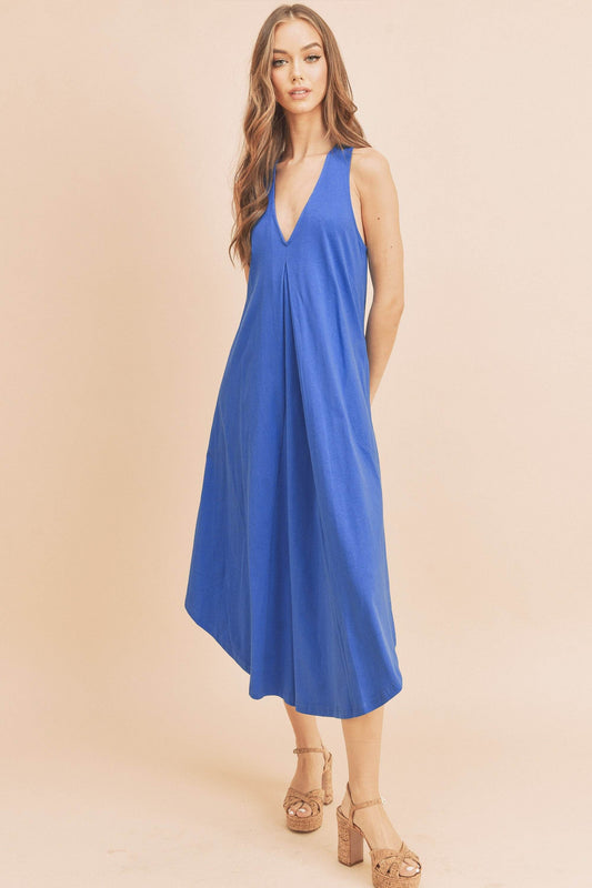 Aemi + Co Front Pleat Detail V-Neck Sleeveless Midi Dress - Shop Style & More | Fresh Looks, Everyday Deals & Free Shipping