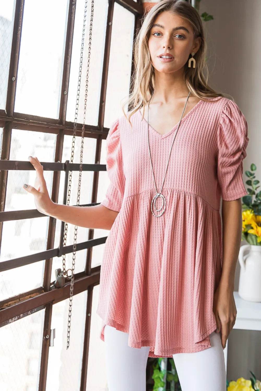 Heimish Full Size Waffle Knit V-Neck Babydoll Top - Shop Style & More | Fresh Looks, Everyday Deals & Free Shipping