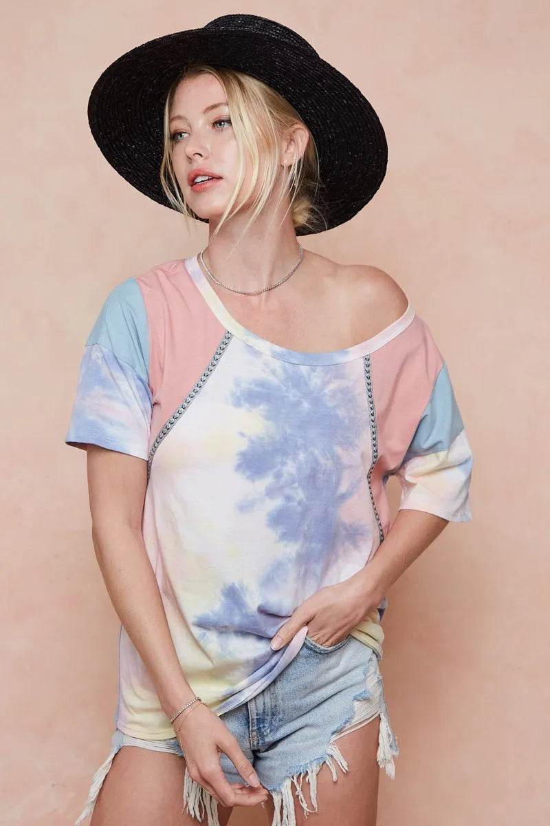 BiBi Tie Dye Printed Cotton Color Block T-Shirt - Shop Style & More | Fresh Looks, Everyday Deals & Free Shipping
