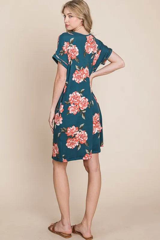 BOMBOM Floral Round Neck Short Tee Dress with Pockets - Shop Style & More | Fresh Looks, Everyday Deals & Free Shipping