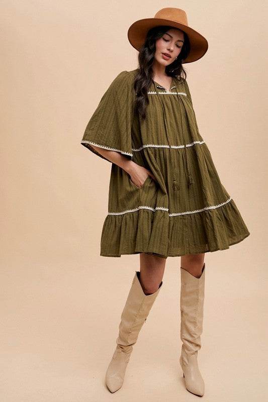 Annie Wear Tassel Contrast Trim Tie Neck Half Sleeve Tiered Dress - Shop Style & More | Fresh Looks, Everyday Deals & Free Shipping