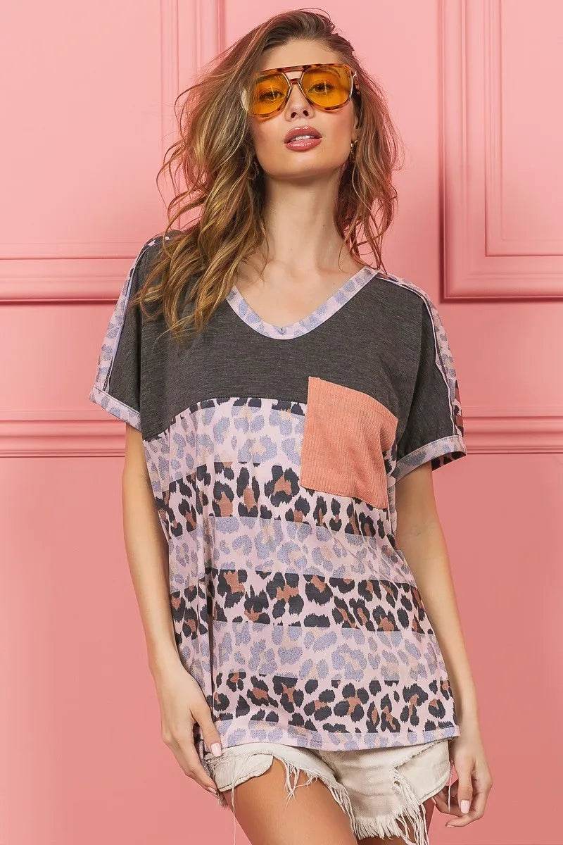 BiBi Leopard Stripe with Slub Terry Color Block T-Shirt - Shop Style & More | Fresh Looks, Everyday Deals & Free Shipping