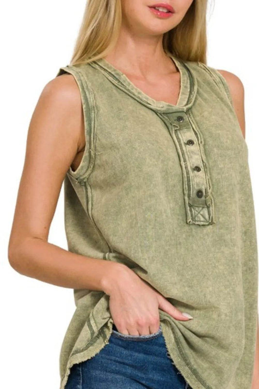 Zenana Washed Half-button Raw Edge Sleeveless Henley Top - Shop Style & More | Fresh Looks, Everyday Deals & Free Shipping