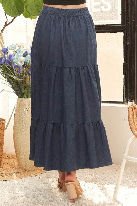 ADORA Waist Band Tiered Denim Maxi Skirt - Shop Style & More | Fresh Looks, Everyday Deals & Free Shipping