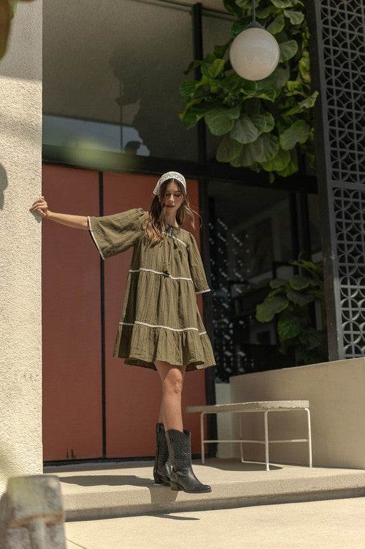 Annie Wear Tassel Contrast Trim Tie Neck Half Sleeve Tiered Dress - Shop Style & More | Fresh Looks, Everyday Deals & Free Shipping