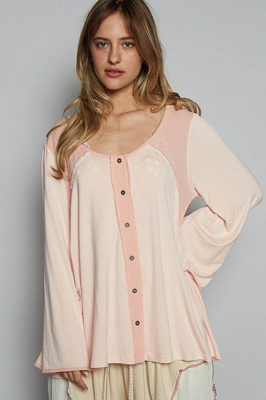 POL Contrast Button Front Long Sleeve Knit Top - Shop Style & More | Fresh Looks, Everyday Deals & Free Shipping