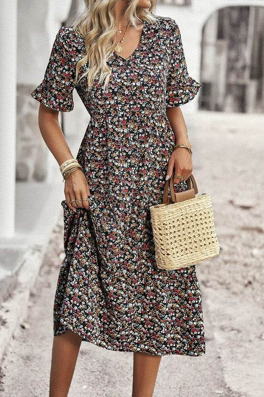 Boho Floral Ruffle Hem V Neck Short Sleeve Dress - Shop Style & More | Fresh Looks, Everyday Deals & Free Shipping