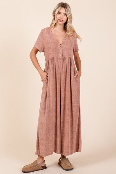 Mittoshop Mineral Wash Jumpsuit - Short Sleeve Flowy Wide Leg Design Jumpsuits