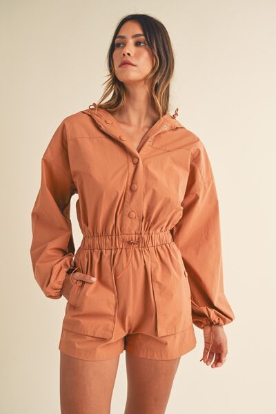 Mable Snap Down Long Sleeve Hooded Romper Jumpsuits