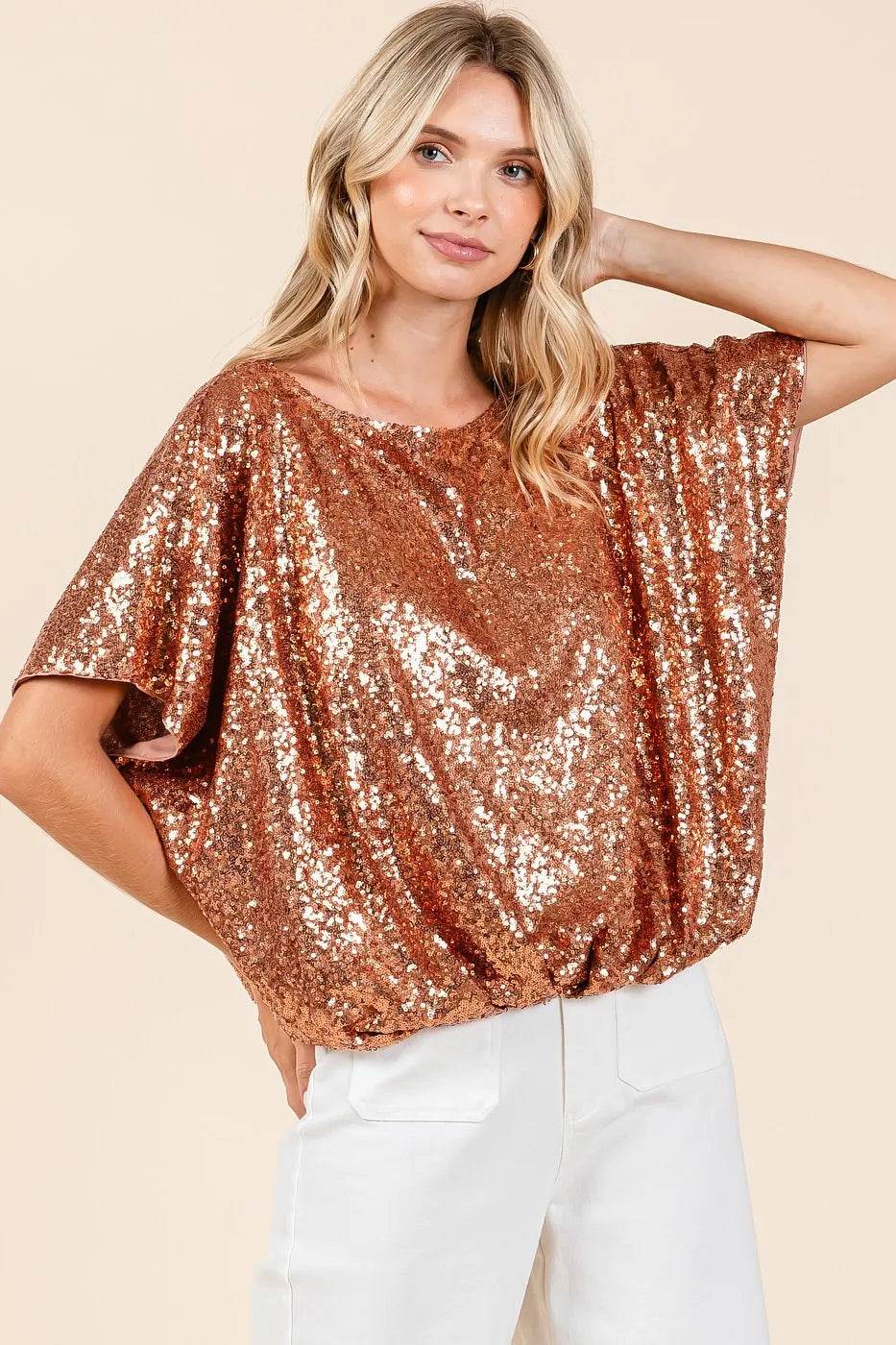 Mittoshop Sequin Short Sleeve Elastic Band Hem Top - Shop Style & More | Fresh Looks, Everyday Deals & Free Shipping