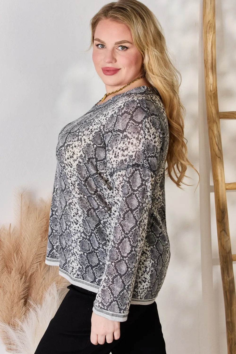 Hailey & Co Full Size Snakeskin V-Neck Long Sleeve Top - Shop Style & More | Fresh Looks, Everyday Deals & Free Shipping