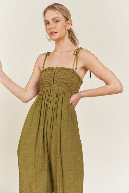 SMOCKED TIE STRAP JUMPSUIT - Shop Style & More | Fresh Looks, Everyday Deals & Free Shipping