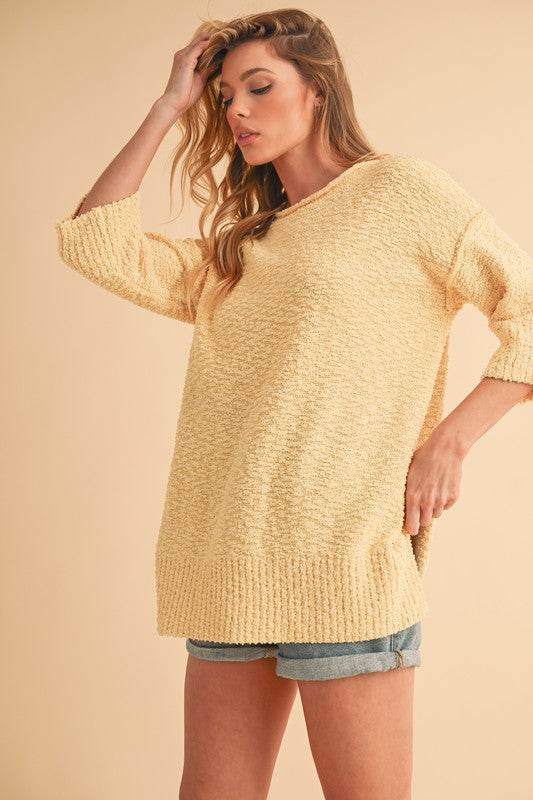 Aemi + Co Side Slit Ribbed Hem Round Neck Sweater - Shop Style & More | Fresh Looks, Everyday Deals & Free Shipping