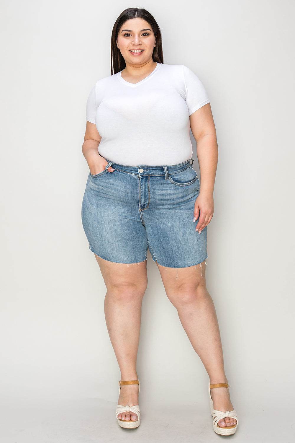 Judy Blue Full Size High Waist Raw Hem Denim Shorts - Shop Style & More | Fresh Looks, Everyday Deals & Free Shipping