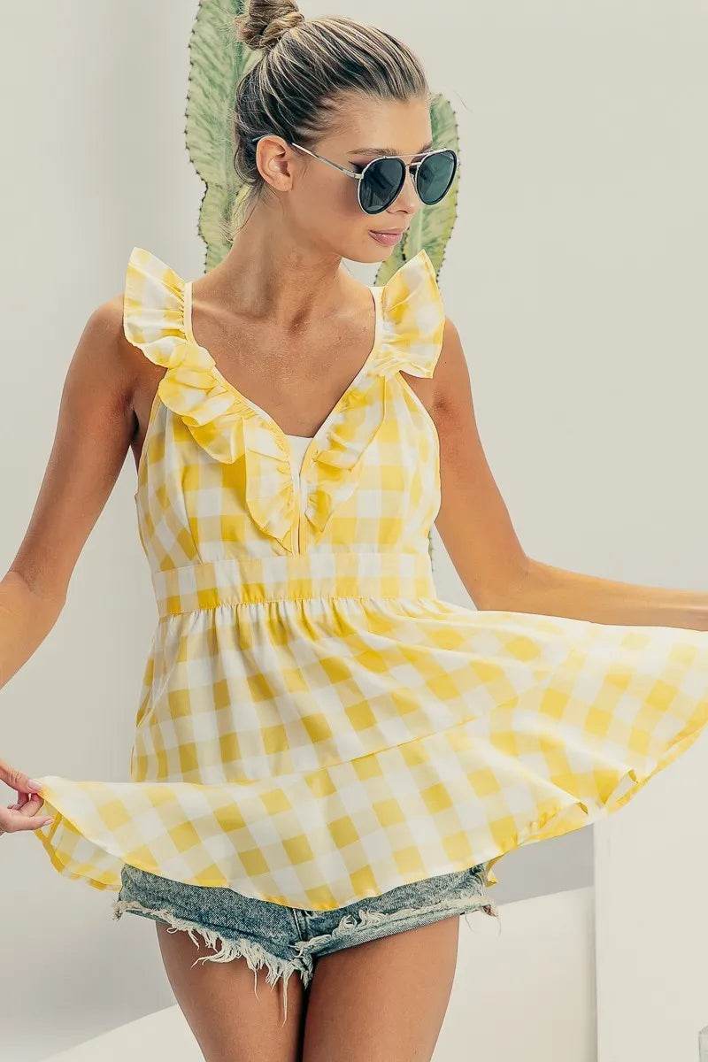BiBi Ruffled Neckline Sleeveless Check Plaid Peplum Top - Shop Style & More | Fresh Looks, Everyday Deals & Free Shipping
