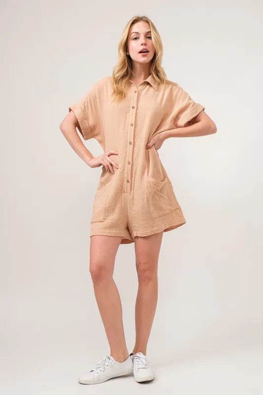 And The Why Washed Gauze Roll-up Sleeve Comfort Utility Romper - Shop Style & More | Fresh Looks, Everyday Deals & Free Shipping